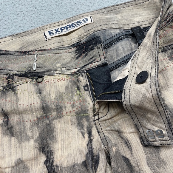 Y2K Express Low Rise Jeans Womens 4 Tan Gray Tie Dye Marble Splatter Zip - Picture 7 of 14